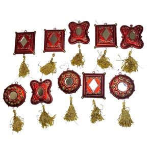 Vintage Plastic Red Decorative Ornaments & Gold Glitter & Tassels w/ Mirrors